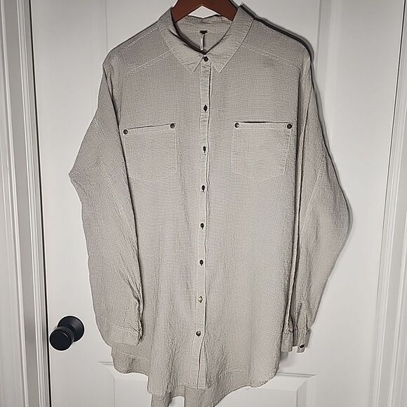Free People Tops - Free People Fawn Over You Tunic Top Size M Beige Check Button Up Oversized
